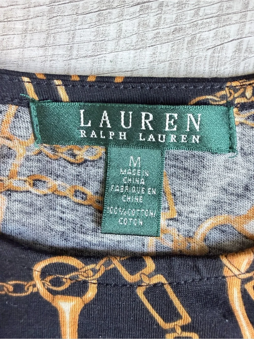 Lauren Ralph Lauren Black Gold Equestrian Horse Bit Chain Print Tee Top Medium